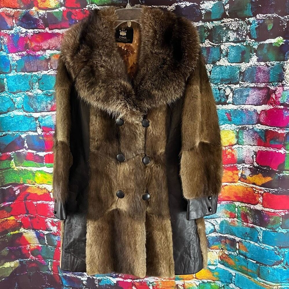 Vintage CIMA Canadian Indian Mink Art Fur Leather Patchwork Coat Medium Large